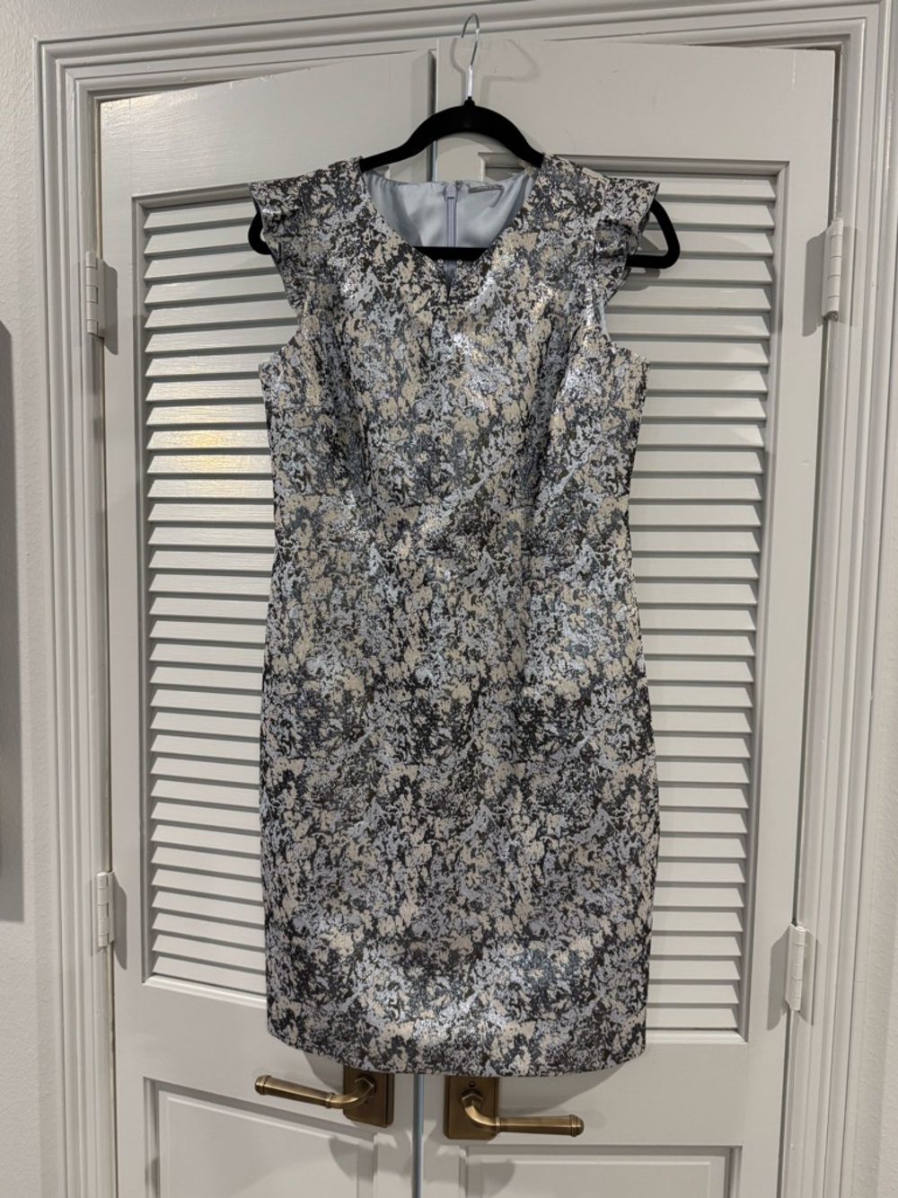 Elie Tahari Metallic Silver and Black Jacquard Knee Length Dress